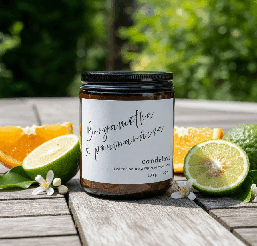Świeca sojowa Bergamotka & Pomarańcza Candelovo – naturalna świeca zapachowa w brązowym słoiczku, otoczona świeżymi owocami bergamotki i pomarańczy na drewnianym stole w letnim ogrodzie.