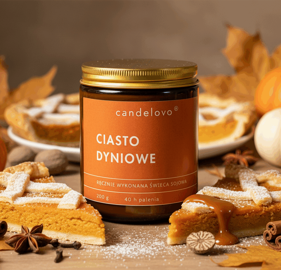 Świeca sojowa Ciasto Dyniowe w szklanym słoiczku – ręcznie robiona, marka Candelovo