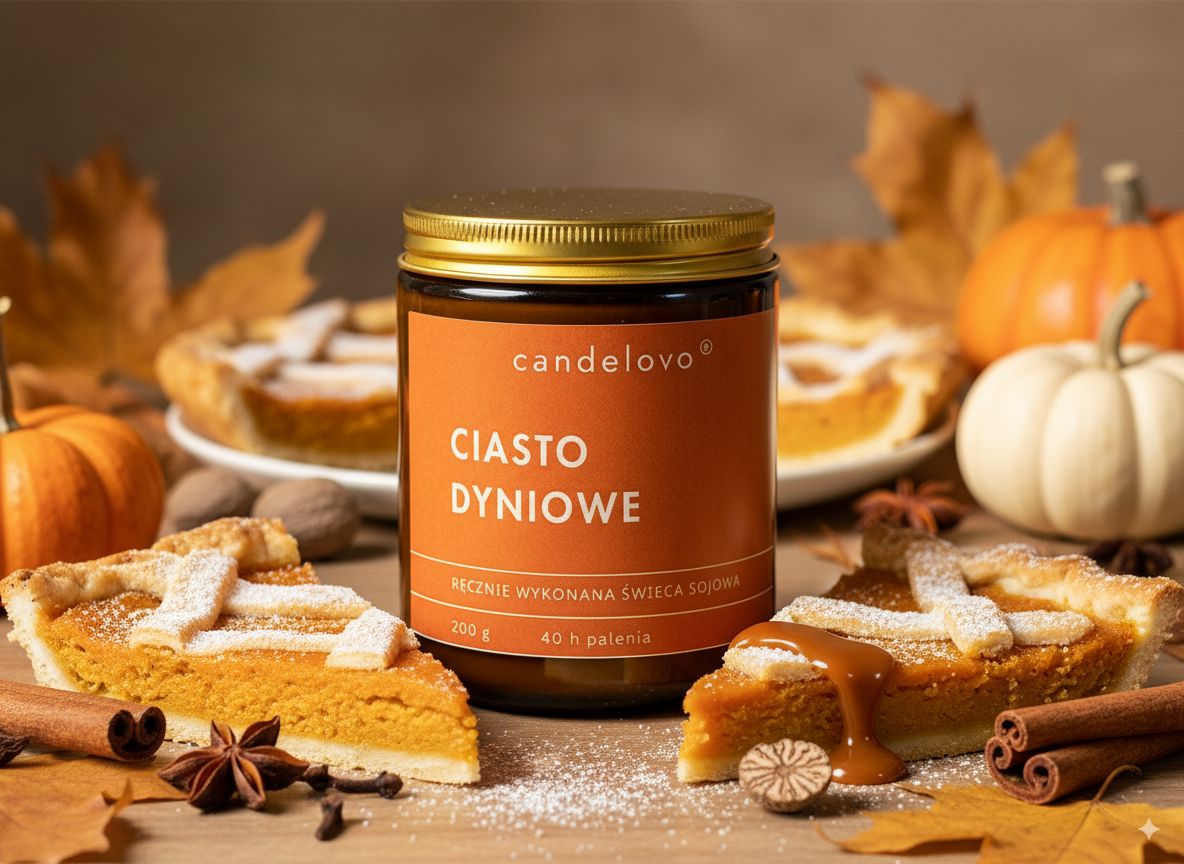 Świeca sojowa Ciasto Dyniowe w szklanym słoiczku – ręcznie robiona, marka Candelovo