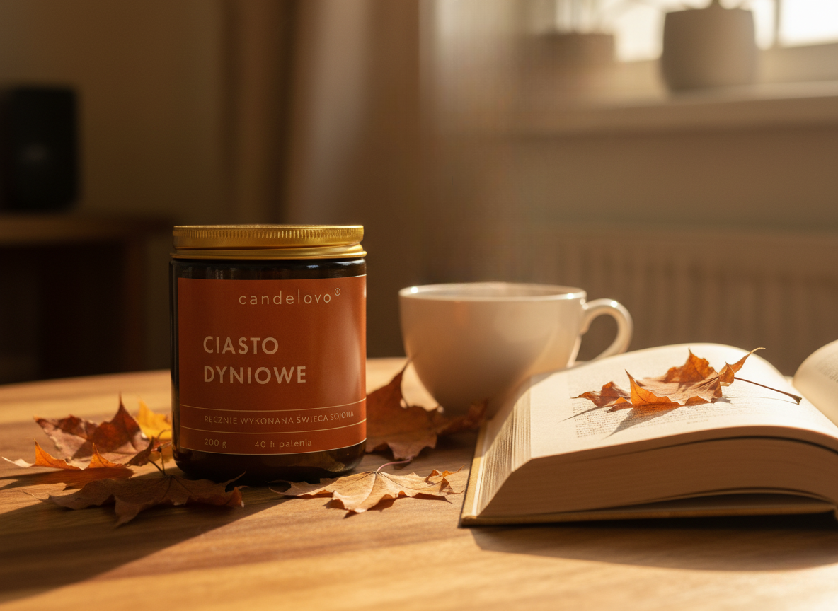 Świeca sojowa Ciasto Dyniowe Candelovo w szklanym słoiczku, obok książki i filiżanki herbaty, jesienne liście w tle – ręcznie wykonana w Polsce