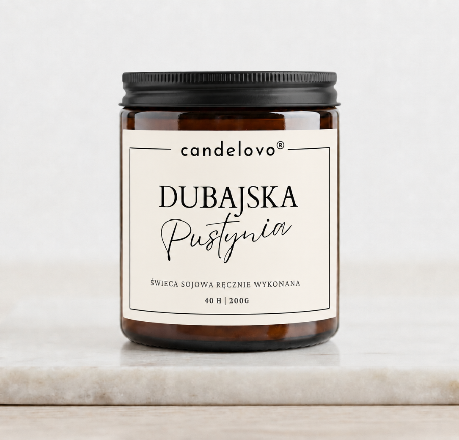 Świeca sojowa Dubajska Pustynia Candelovo w brązowym szkle z czarnym wieczkiem, 200 g, na marmurowej podstawce