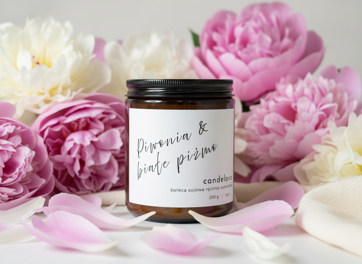 Świeca sojowa Piwonia & Białe Piżmo Candelovo – naturalna świeca w brązowym słoiczku otoczona płatkami i kwiatami piwonii w pastelowych odcieniach.