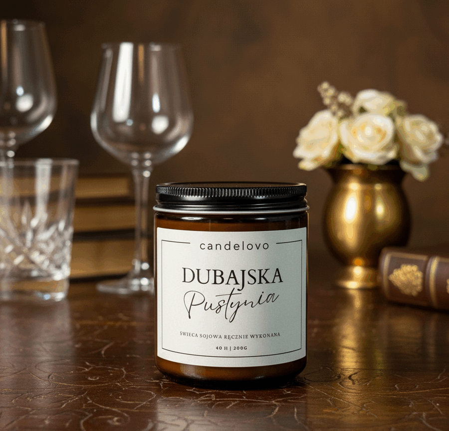 Ręcznie robiona świeca sojowa Dubajska Pustynia Candelovo na tle kieliszków, książek i kwiatów, w eleganckim wnętrzu