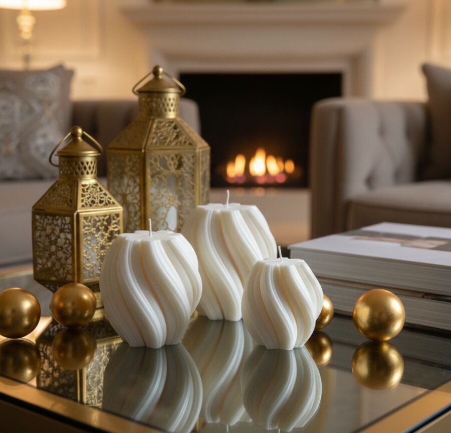 Trzy świece sojowe Luna marki Candelovo w różnych rozmiarach, ustawione na stoliku w eleganckim salonie z kominkiem, złotymi lampionami i książkami