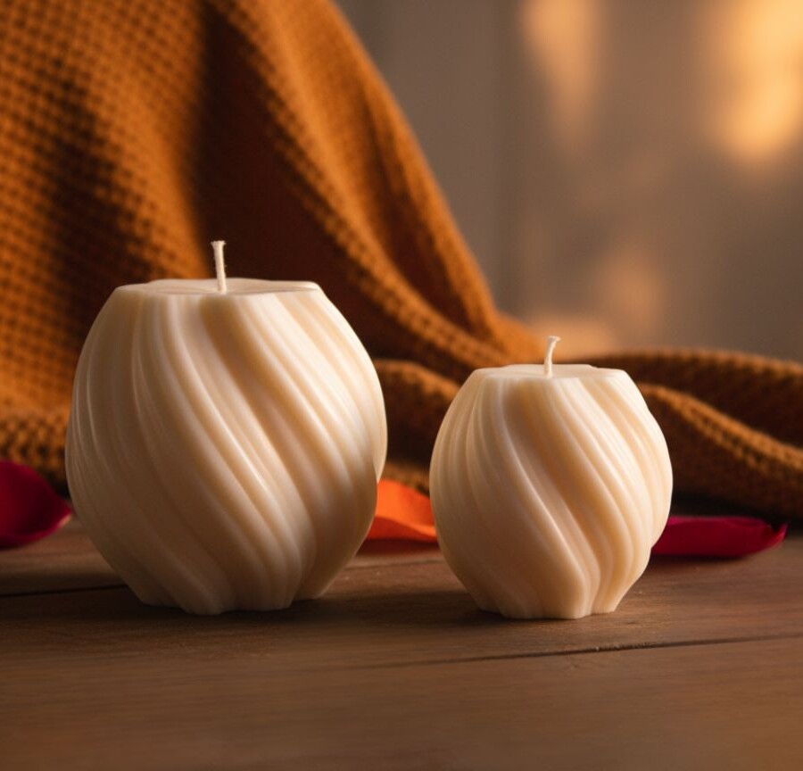 Dekoracyjne świece sojowe Lunita – mała i duża, kremowe, o skręconej formie, ustawione na drewnianym stole, w tle koc w odcieniu rdzawym – kolekcja handmade od Candelovo