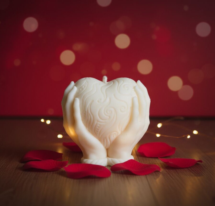 Świeca sojowa Serce w dłoniach marki Candelovo – naturalna ręcznie wykonana świeca w kształcie dłoni obejmujących serce, idealna jako prezent dla bliskiej osoby