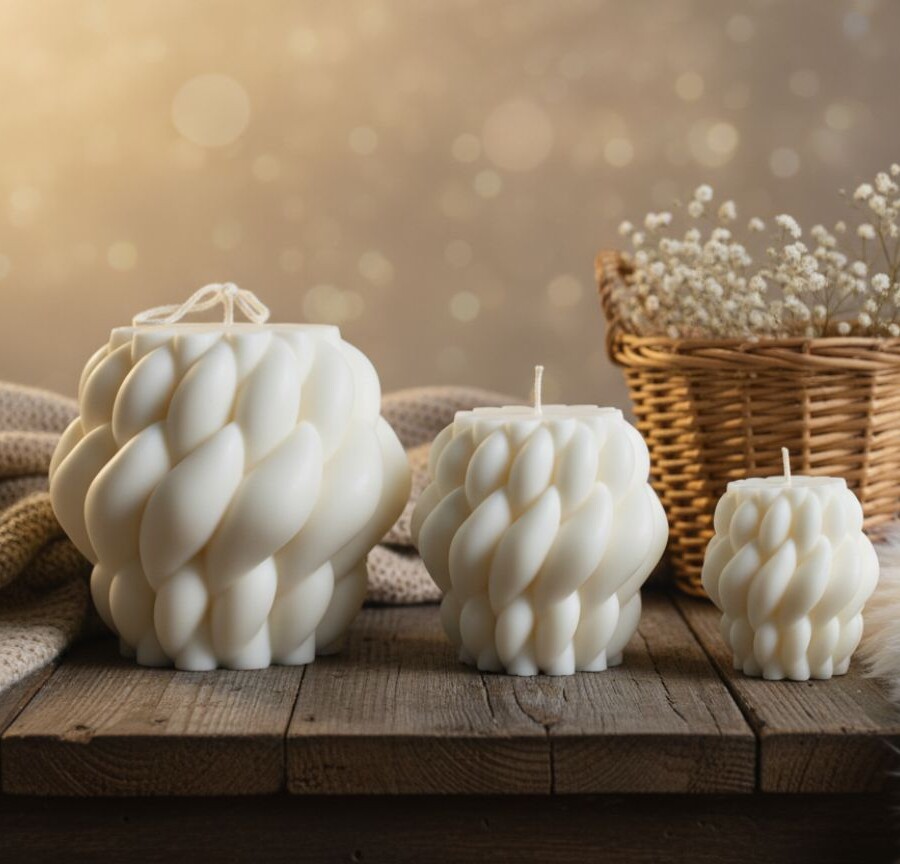 Orelia świeca sojowa. Trzy świece sojowe marki Candelovo w różnych rozmiarach, ułożone na drewnianym stole z kocem i koszykiem z suszonymi kwiatami. Świece włóczki