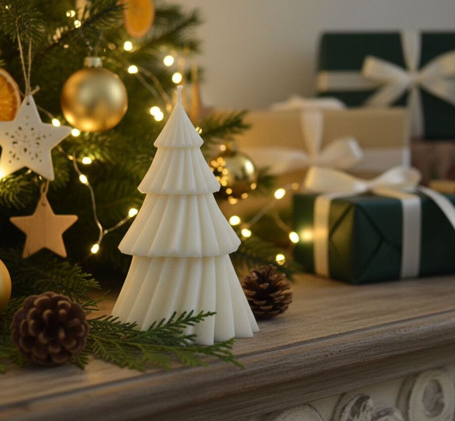 Elegancka świeca dekoracyjna w kształcie choinki. Ręcznie wykonana, idealna do świątecznych aranżacji i prezentów. Świąteczny akcent od Candelovo.