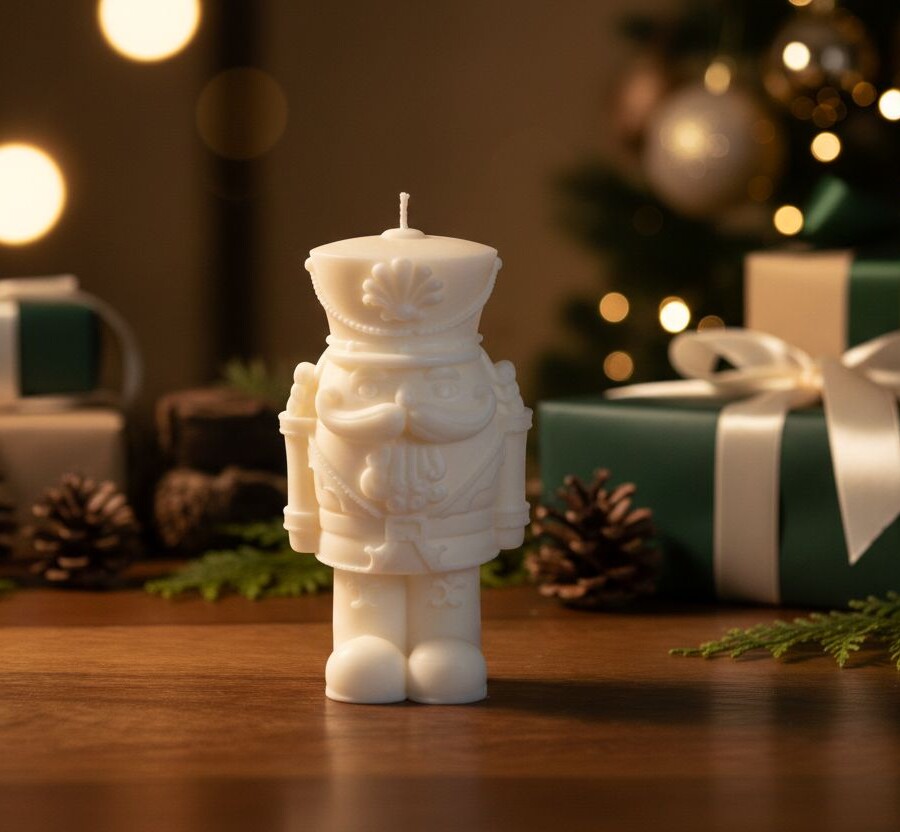 Biała świeca dekoracyjna w kształcie żołnierza w stylu Dziadka do Orzechów ustawiona w świątecznej aranżacji – Candelovo.