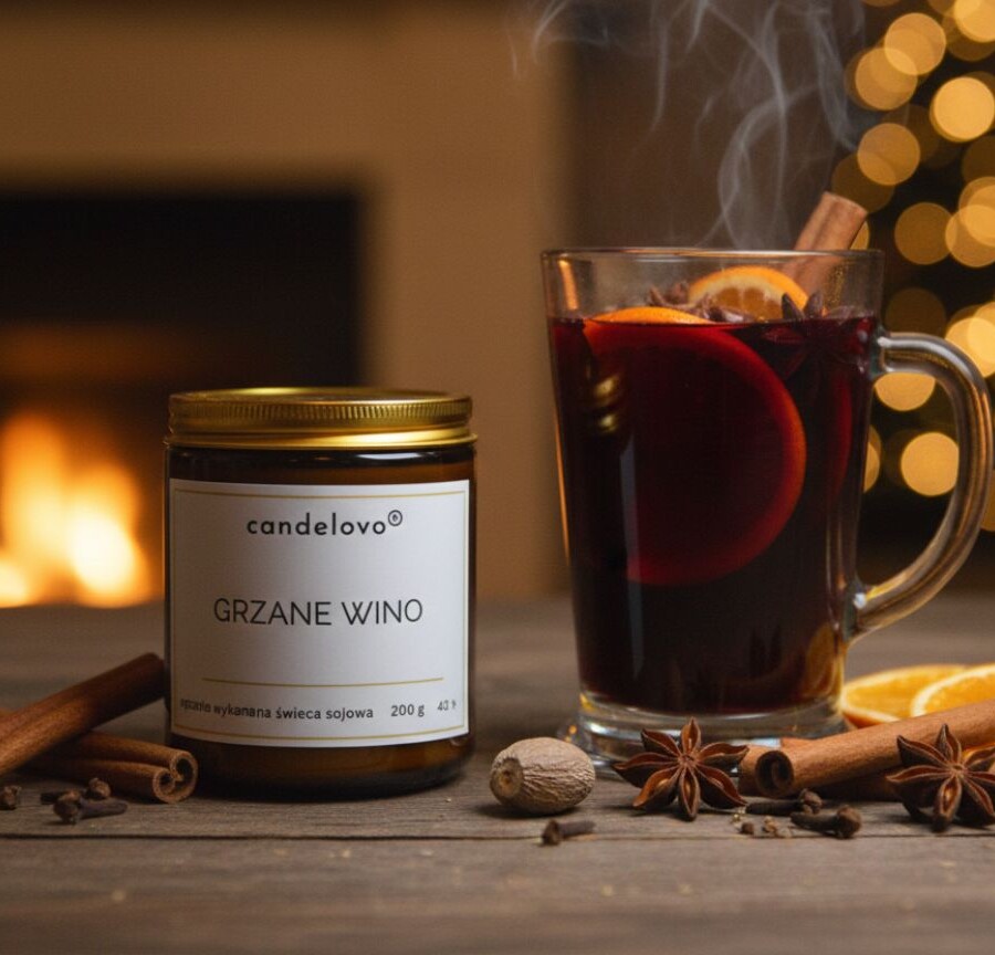 Świeca sojowa Candelovo „Grzane Wino” — korzenny, zimowy zapach inspirowany gorącym czerwonym winem z przyprawami.
