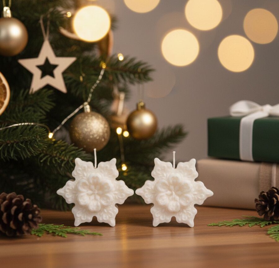 Dwie białe świece sojowe w kształcie płatków śniegu stojące na drewnianym stole, z choinką, prezentami i zimowymi dekoracjami w tle.