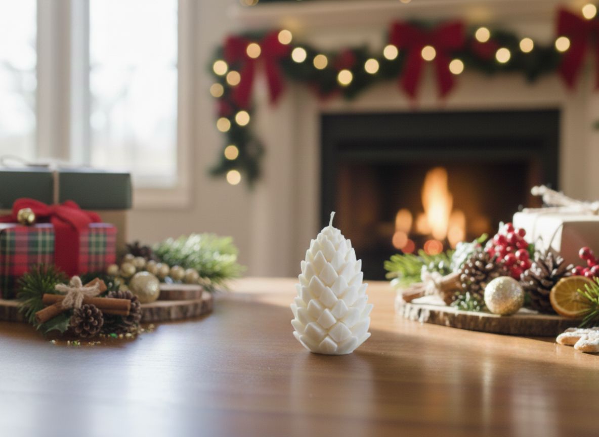 Biała świeca sojowa w kształcie szyszki stojąca na drewnianym stole, z zimowymi dekoracjami, prezentami i kominkiem w tle.