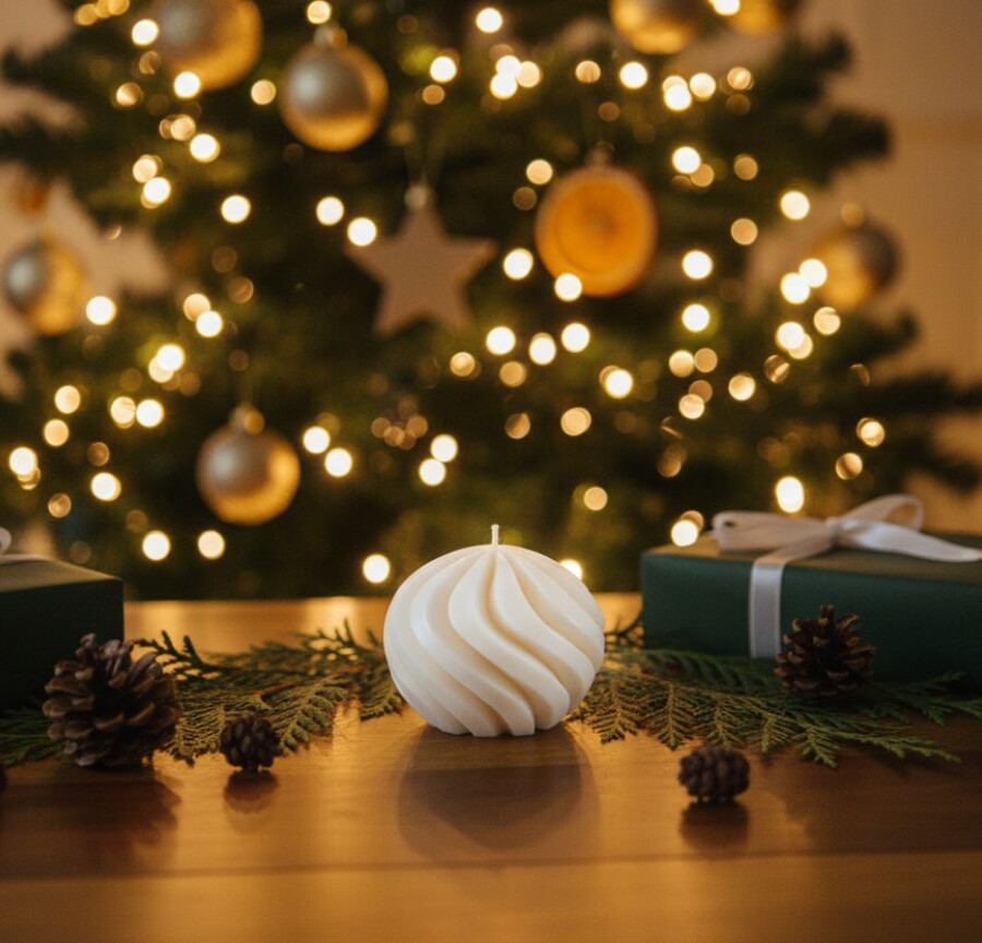 Świeca sojowa w kształcie bombki Candelovo na stole, w tle choinka i świąteczne prezenty