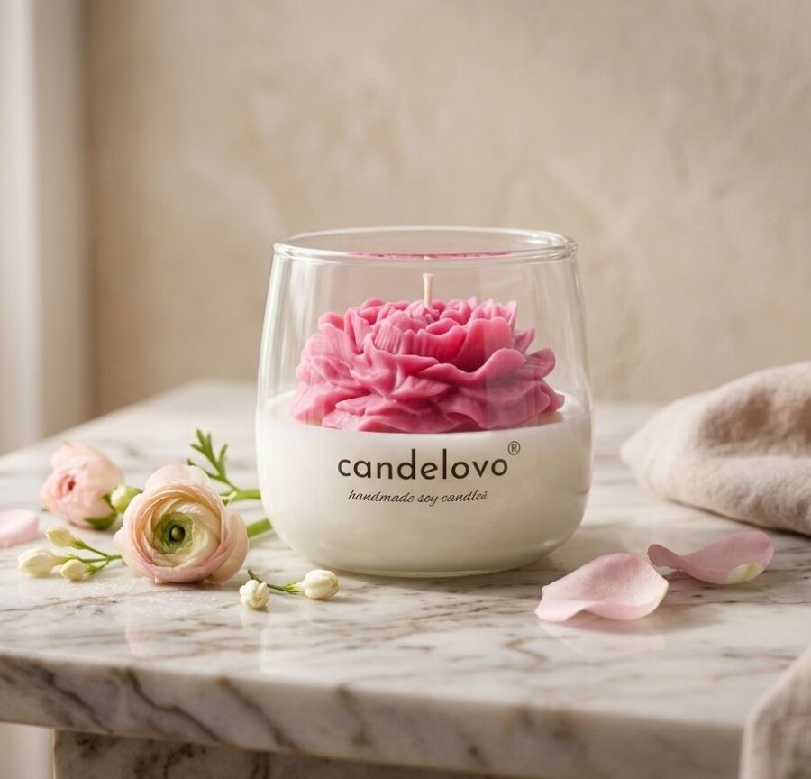 Świeca sojowa w szkle marki Candelovo z dekoracyjnym woskiem w kształcie różowej piwonii, ustawiona na marmurowej podstawie w eleganckiej, kwiatowej aranżacji
