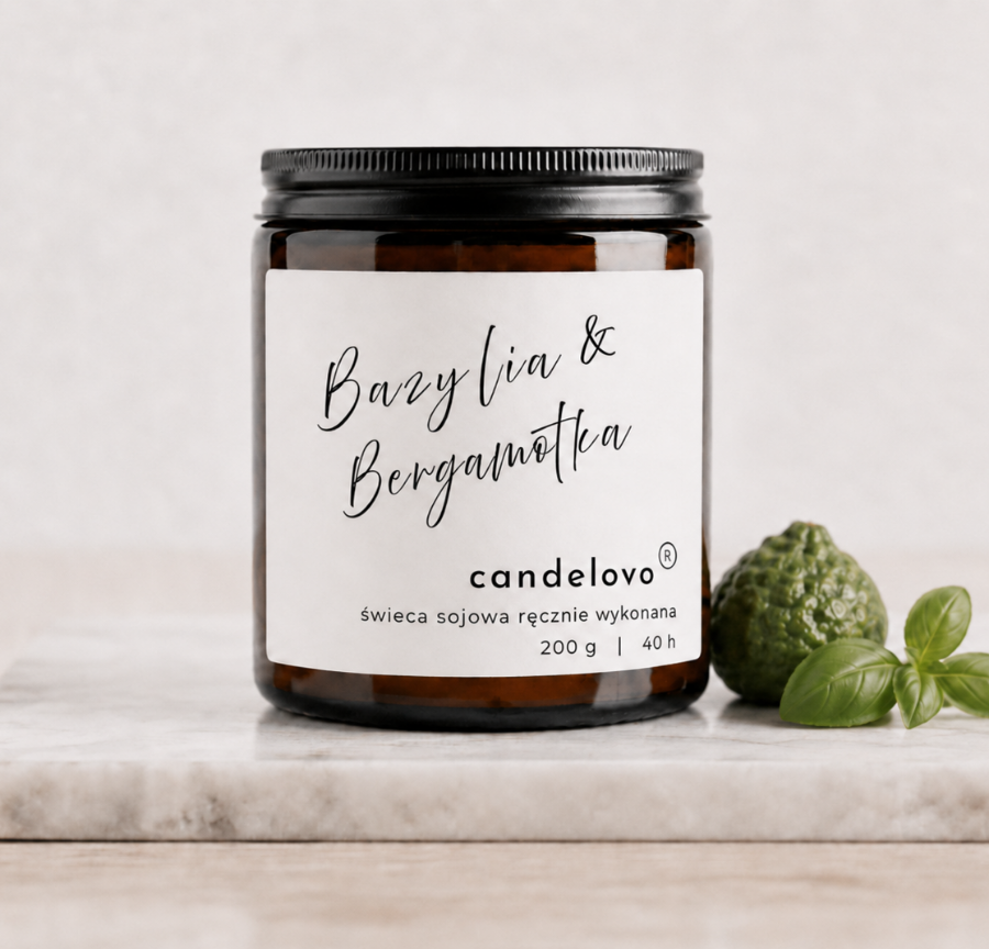 Świeca sojowa zapachowa Bazylia & Bergamotka na marmurowej podstawce. Candelovo, 200 g