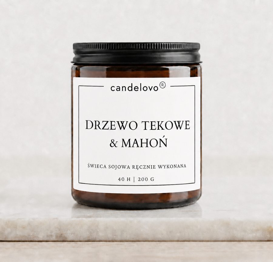 Świeca sojowa Drzewo tekowe & Mahoń na marmurowej podstawce. Candelovo. 200 g