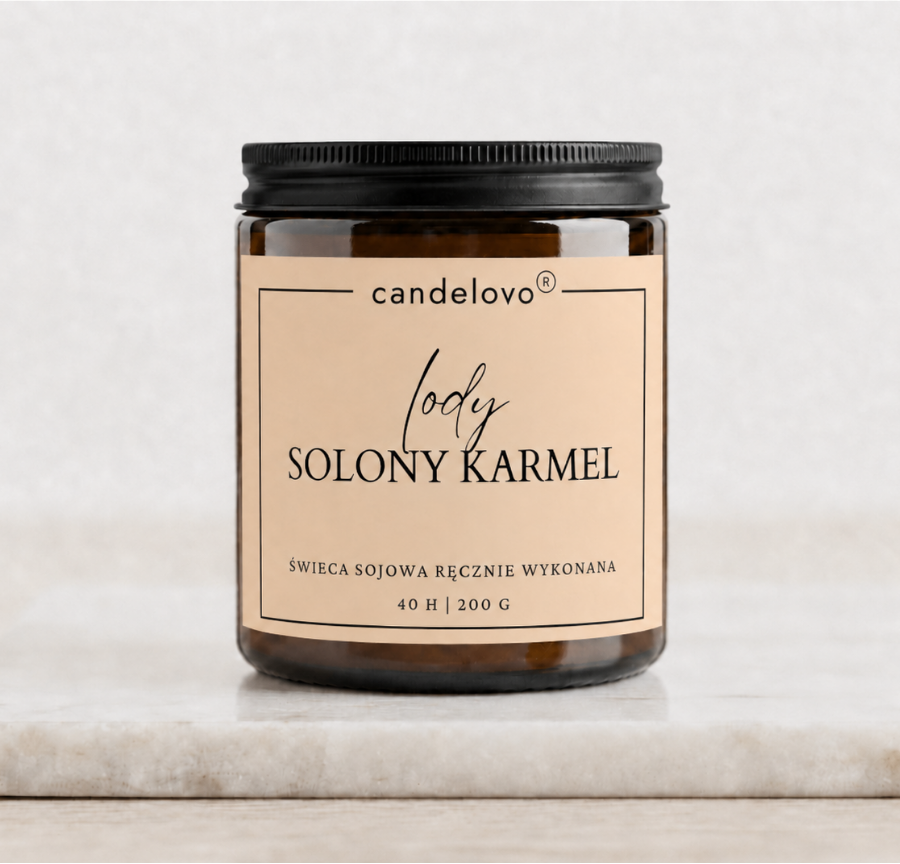 Świeca sojowa Lody Solony Karmel na marmurowej podstawce. Candelovo. 200 g