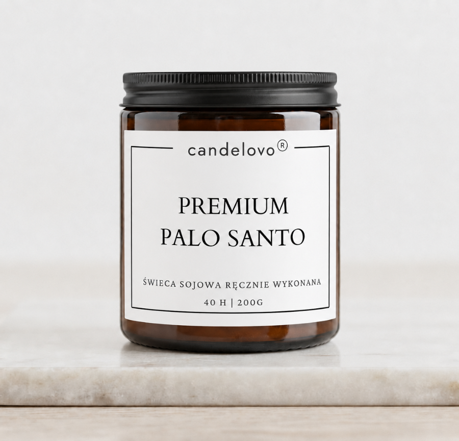 Świeca sojowa Premium Palo Santo na marmurowej podstawce. Candelovo. 200 g
