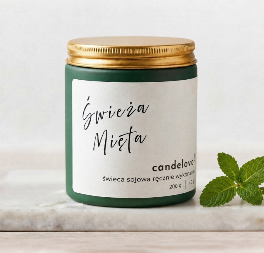 Świeca sojowa Świeża Mięta na marmurowej podstawce. Candelovo. 200 g