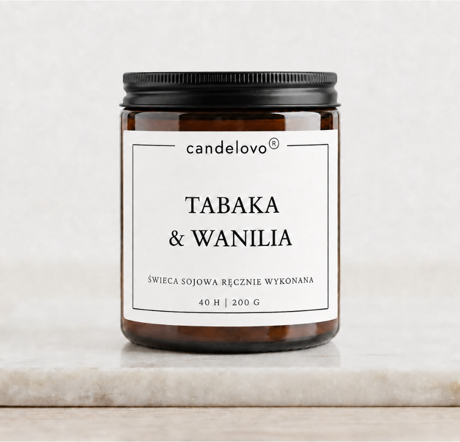 Świeca sojowa Tabaka & Wanilia na marmurowej podstawce. Candelovo. 200 g