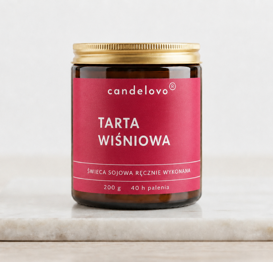 Świeca sojowa Tarta Wiśniowa Candelovo w brązowym szkle ze złotym wieczkiem, 200 g