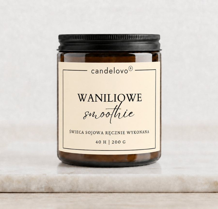 Świeca sojowa Waniliowe Smoothie na marmurowej podstawce. Candelovo. 200 g
