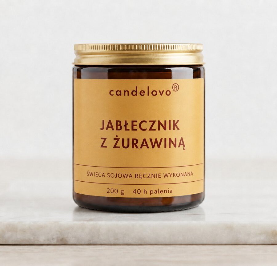 Świeca sojowa Jabłecznik z Żurawiną Candelovo w brązowym szkle ze złotym wieczkiem, 200 g