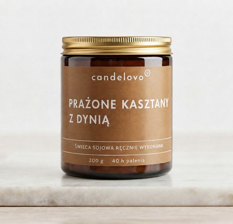 Świeca sojowa Prażone kasztany z Dynią Candelovo w brązowym szkle z czarnym wieczkiem, 200 g