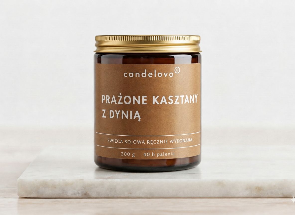 Świeca sojowa Prażone kasztany z Dynią Candelovo w brązowym szkle z czarnym wieczkiem, 200 g