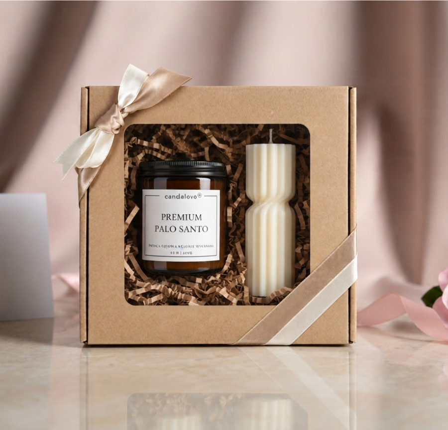 Zestaw prezentowy Candelovo: świeca zapachowa Premium Palo Santo i kremowa świeca dekoracyjna Pillar w kraftowym pudełku z okienkiem